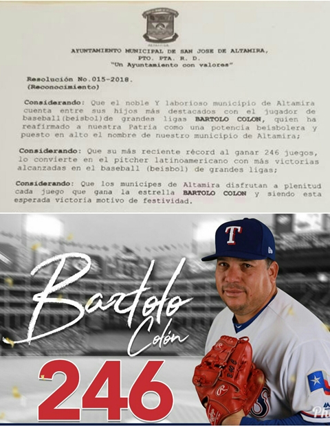 Ayuntamiento de Altamira declara dos días de regocijo municipal por triunfo 246 de Bartolo Colón en Grandes Ligas