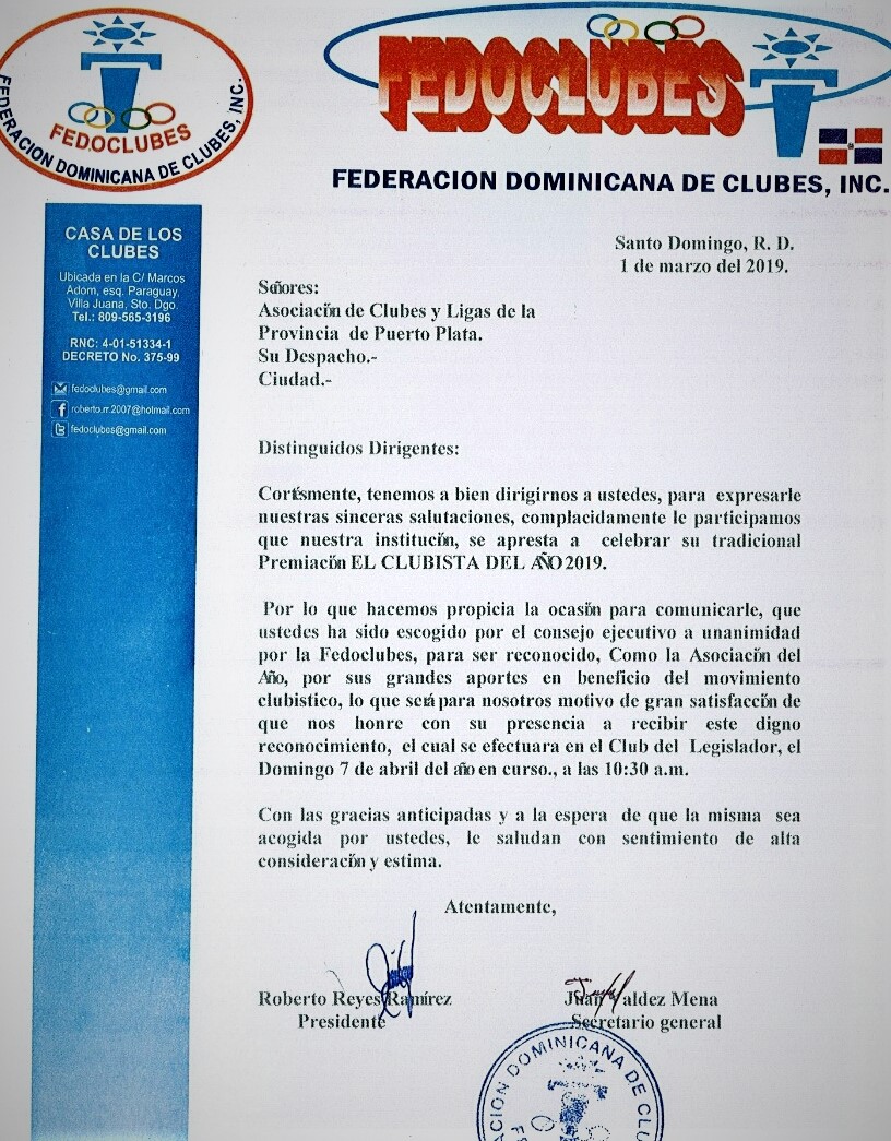 Asociación de Ligas y Clubes de Puerto Plata es seleccionada como “Institución del Año” por FEDOCLUBES