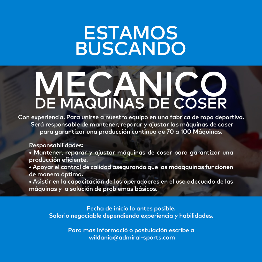 Vacante: Mecánico de Máquinas de Coser